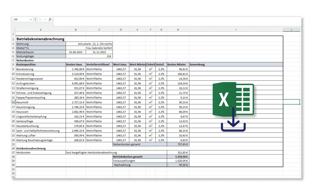 Nebenkostenabrechnung Excel Vorlage