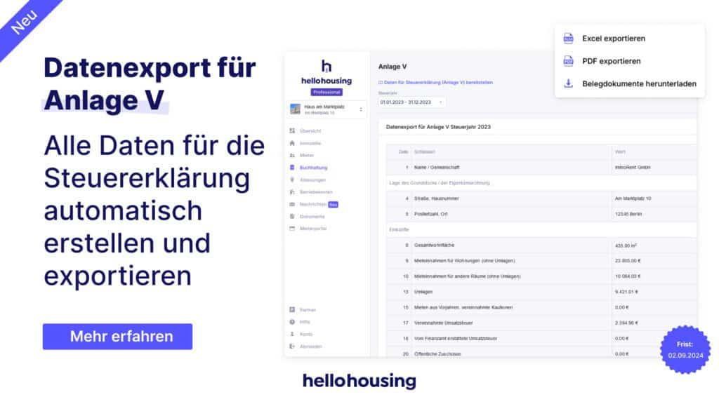 Mit hellohousing alle Daten für die Anlage V zusammenstellen und exportieren